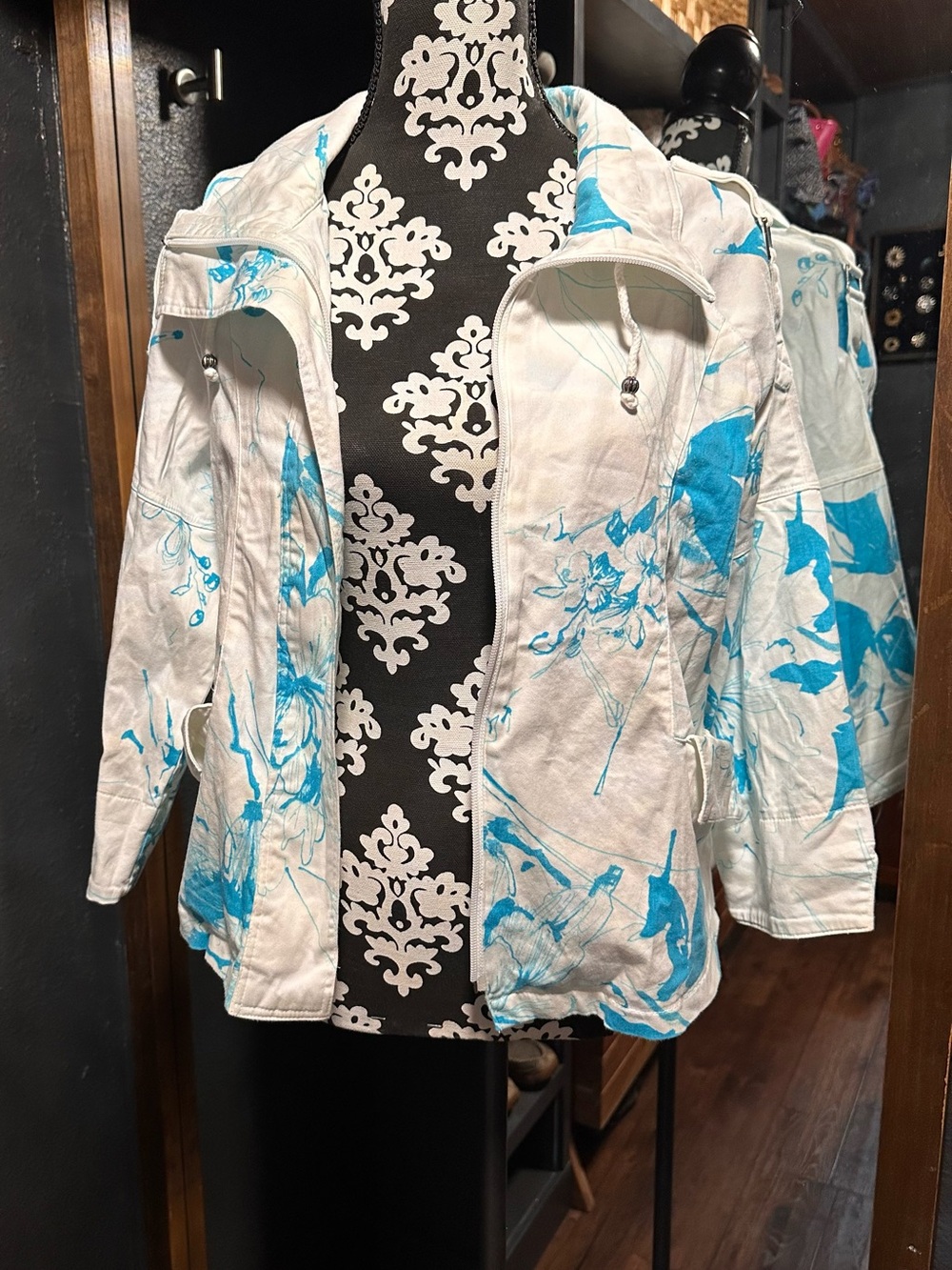Vintage 80s Sea Suns Watercolor Abstract Floral Zip Utility Jacket White/Teal S